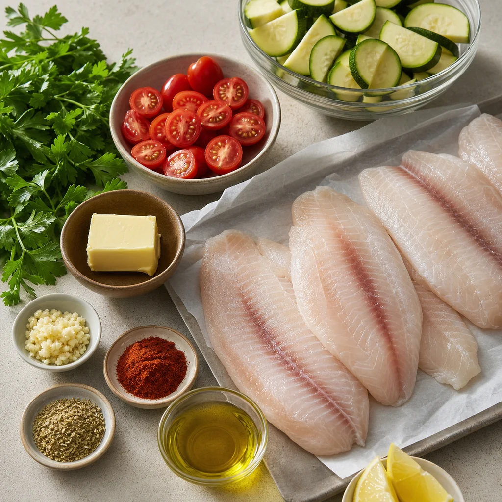Ingredients for One-Pan Garlic Butter Tilapia with Roasted Zucchini and Cherry Tomatoes