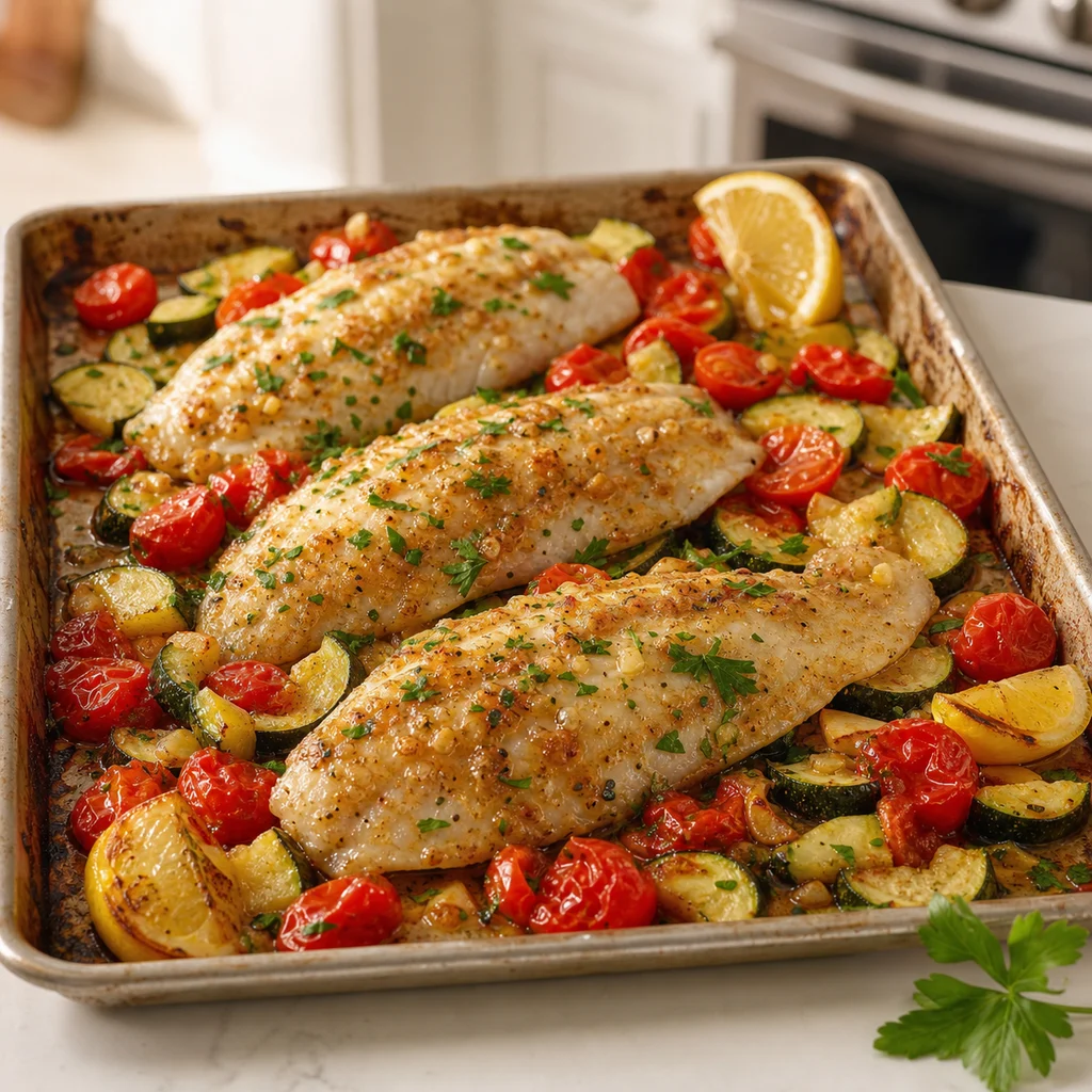 One-Pan Garlic Butter Tilapia with Roasted Zucchini and Cherry Tomatoes cooking in the recommended pan or pot