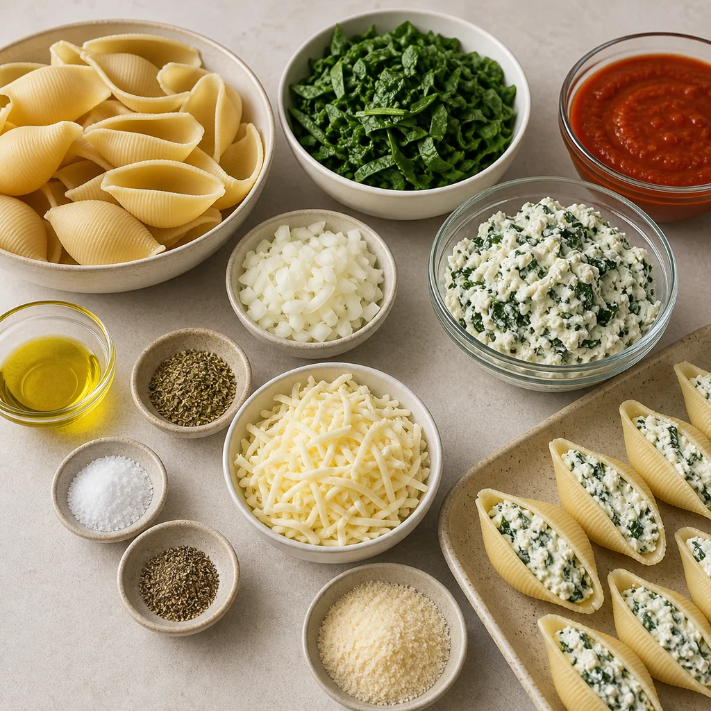 Ingredients for One-Pot Spinach and Ricotta Stuffed Shells