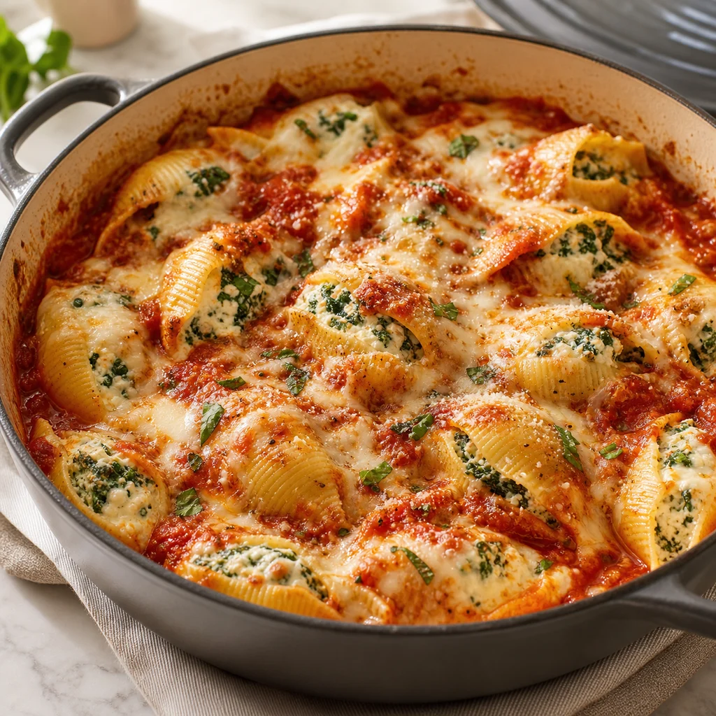 One-Pot Spinach and Ricotta Stuffed Shells cooking in the recommended pan or pot