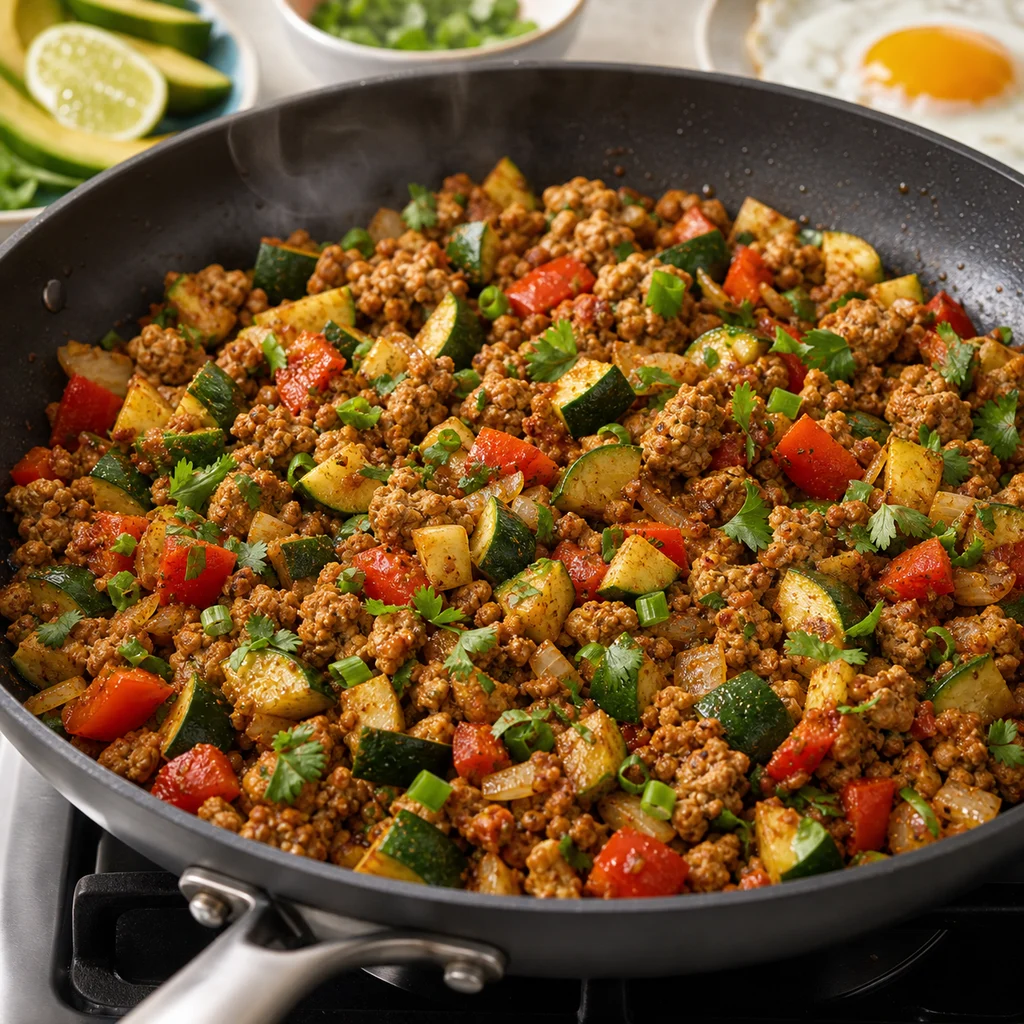 Skillet Spiced Turkey and Zucchini Hash cooking in the recommended pan or pot