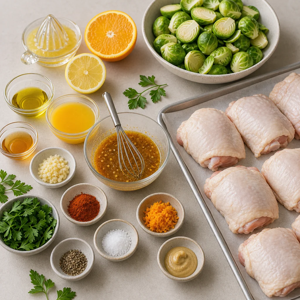 Ingredients for Light and Zesty Sheet Pan Citrus Glazed Chicken with Brussels Sprouts