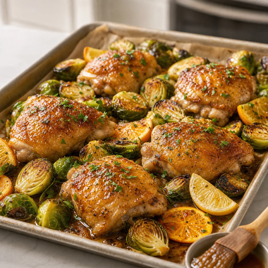 Light and Zesty Sheet Pan Citrus Glazed Chicken with Brussels Sprouts cooking in the recommended pan or pot