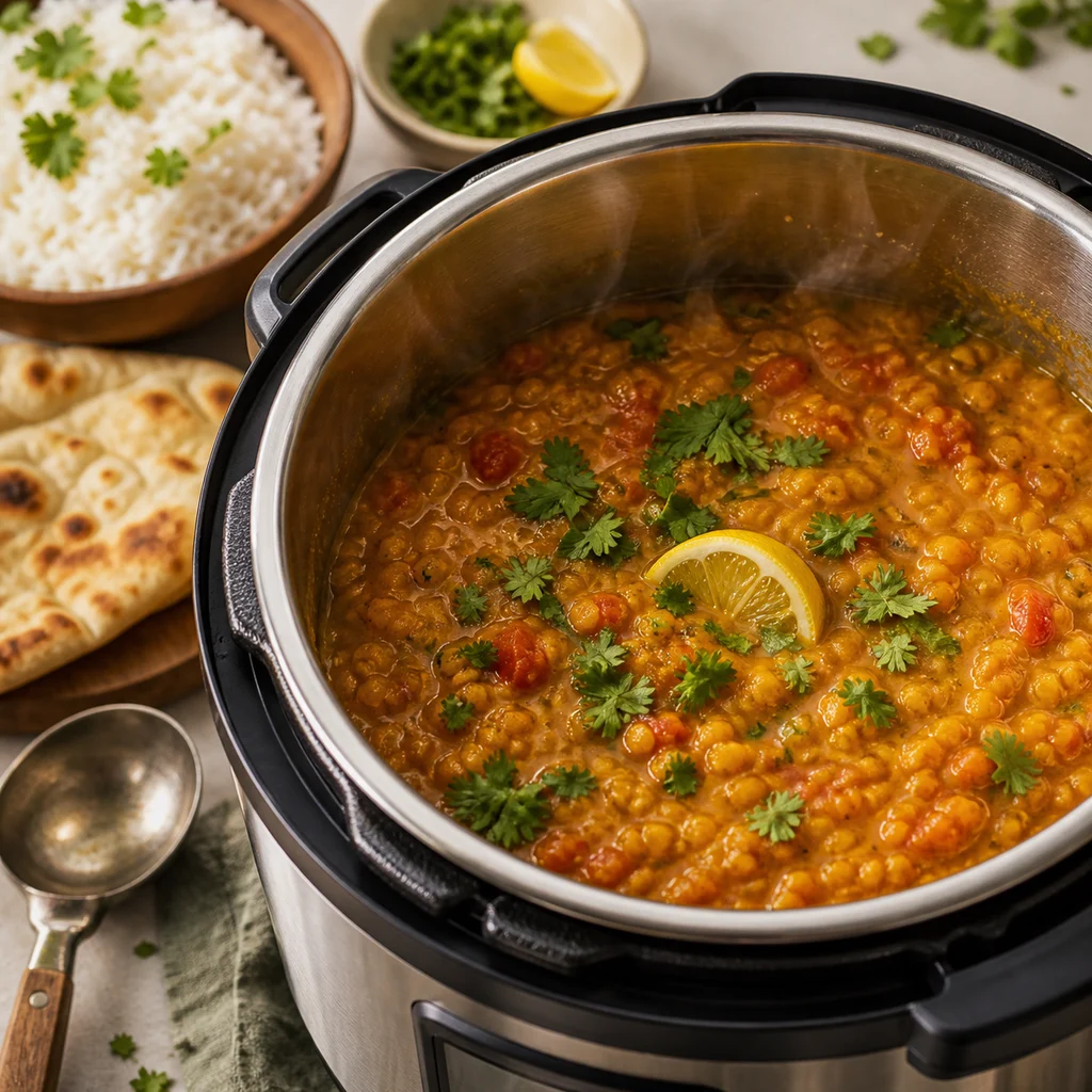 Instant Pot Indian-Spiced Lentil Dahl Soup cooking in the recommended pan or pot
