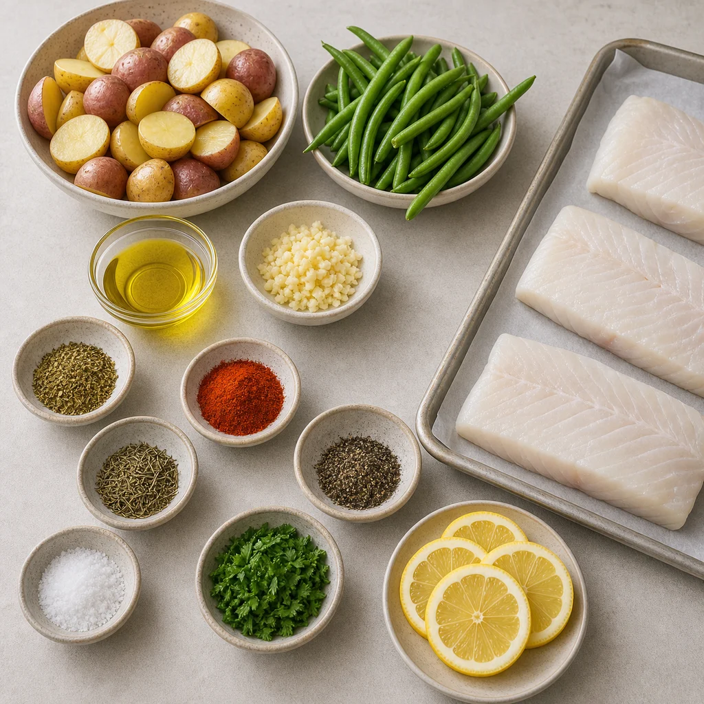 Ingredients for Sheet Pan Herb-Roasted Halibut with Garlic Green Beans and Baby Potatoes