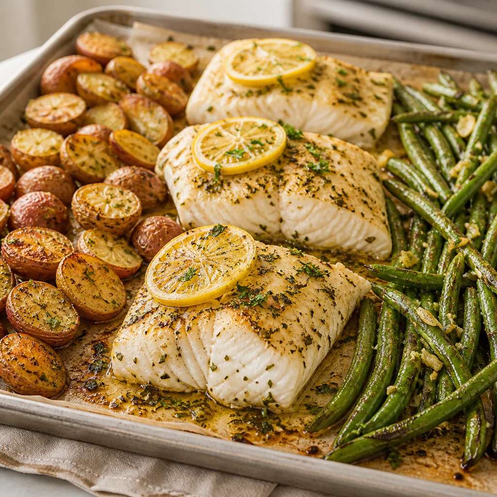 Sheet Pan Herb-Roasted Halibut with Garlic Green Beans and Baby Potatoes cooking in the recommended pan or pot