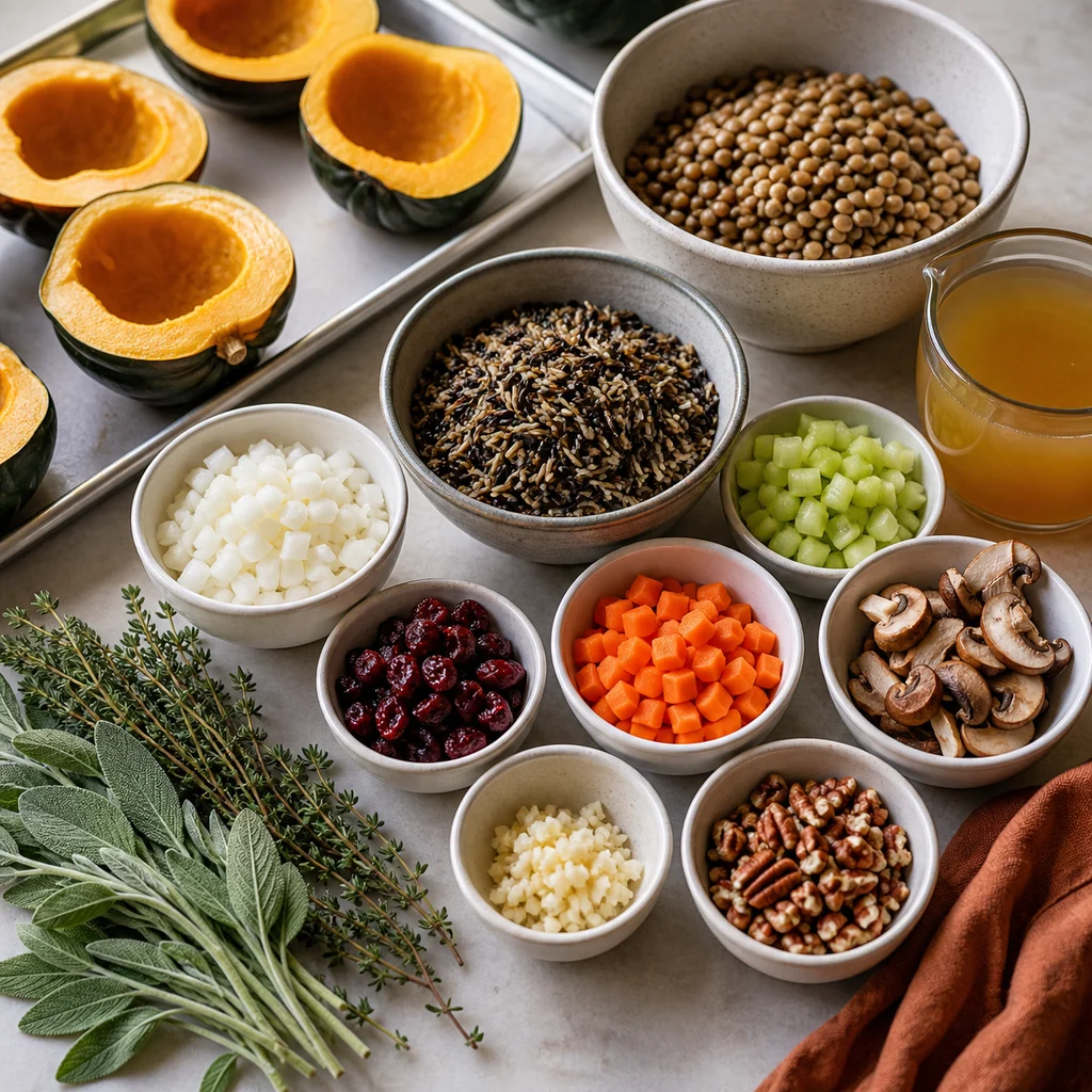Ingredients for Vegan Lentil and Wild Rice Stuffed Acorn Squash