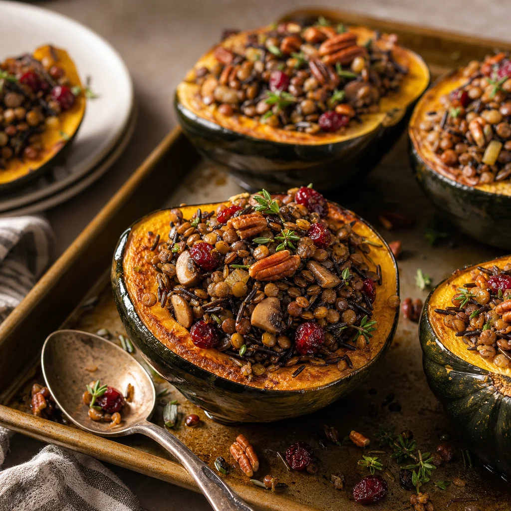 Vegan Lentil and Wild Rice Stuffed Acorn Squash cooking in the recommended pan or pot