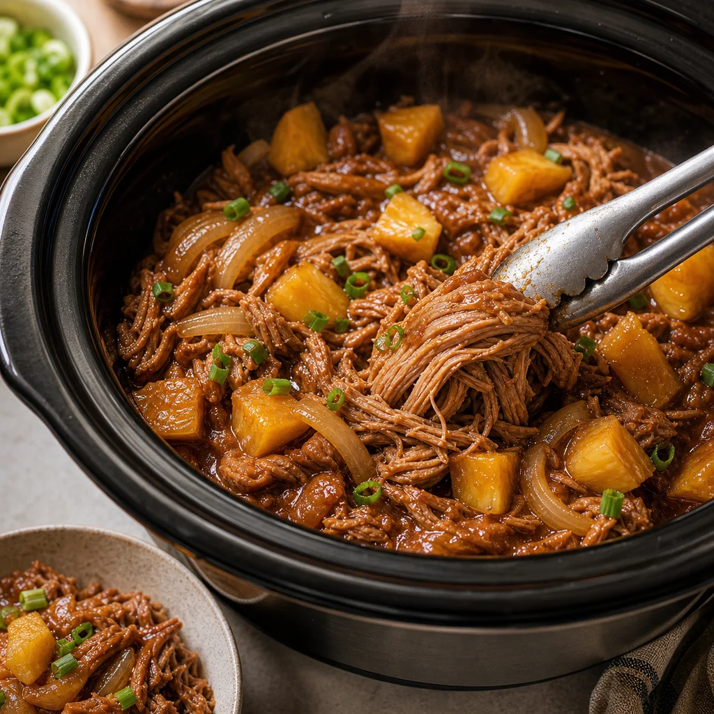 Slow Cooker Hawaiian BBQ Pulled Pork with Pineapple cooking in the recommended pan or pot