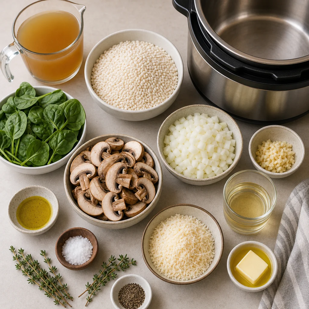 Ingredients for Instant Pot Creamy Mushroom and Spinach Risotto