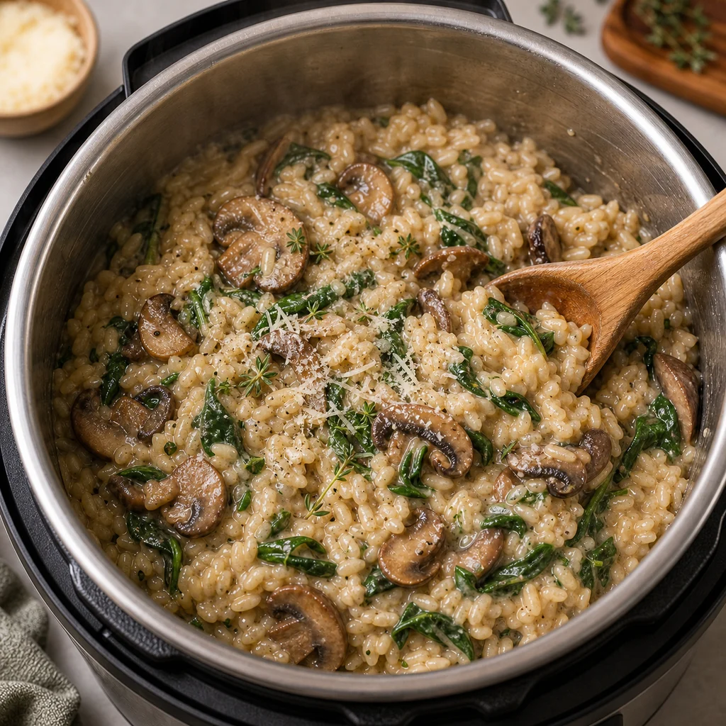 Instant Pot Creamy Mushroom and Spinach Risotto cooking in the recommended pan or pot