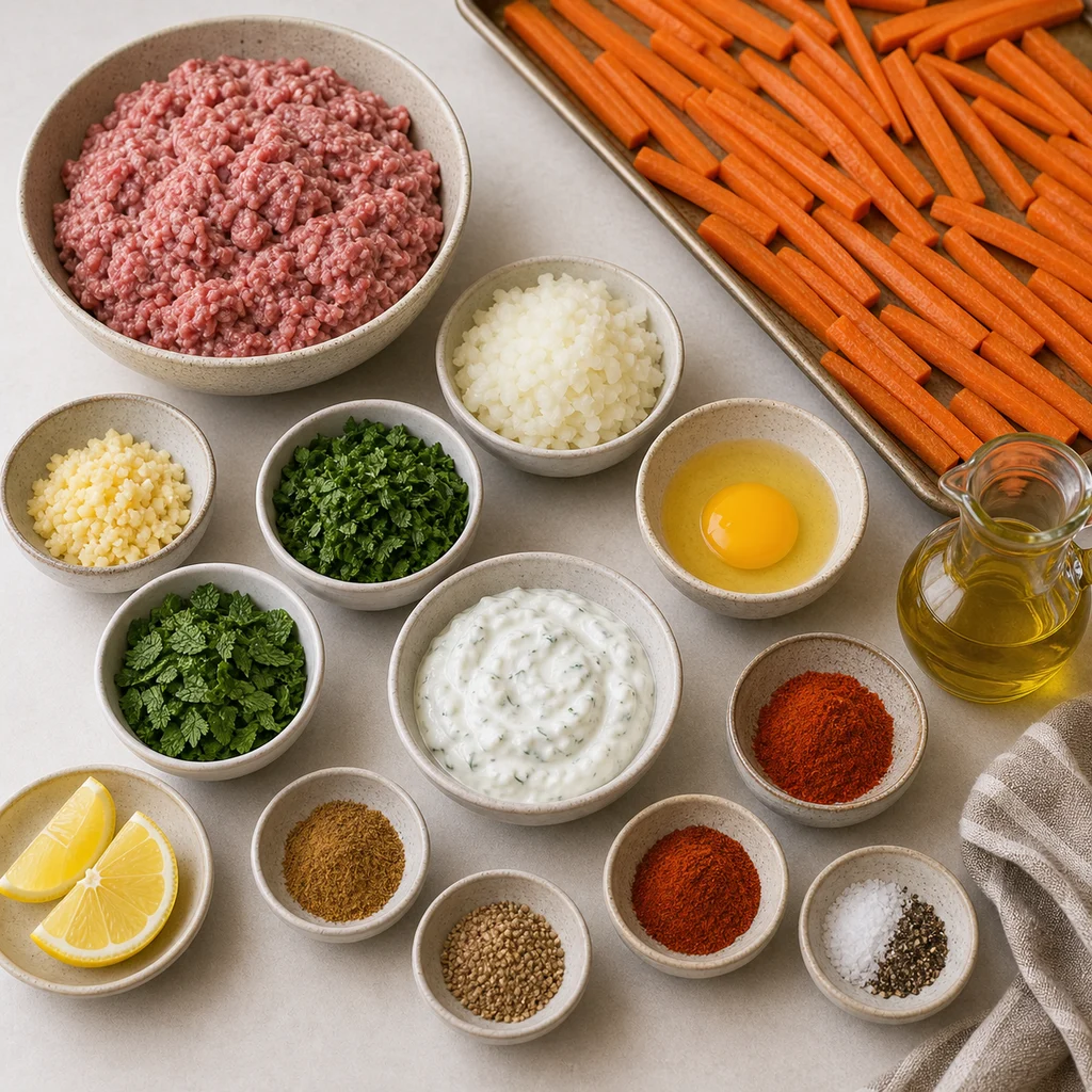 Ingredients for Sheet Pan Spiced Lamb Kofta with Cumin Roasted Carrots