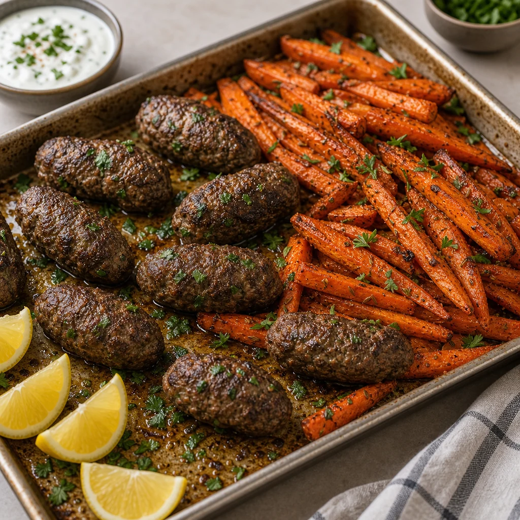 Sheet Pan Spiced Lamb Kofta with Cumin Roasted Carrots cooking in the recommended pan or pot