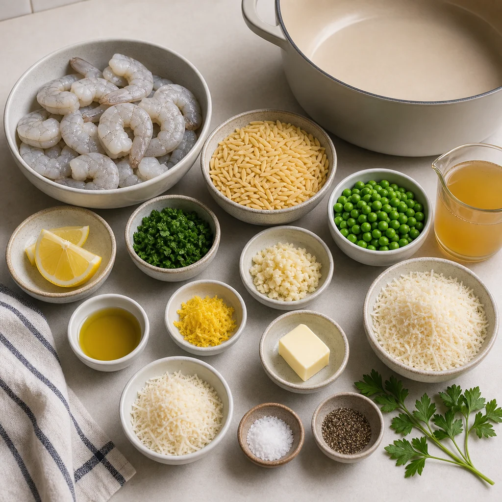 Ingredients for One-Pot Lemon Garlic Prawn and Pea Orzo