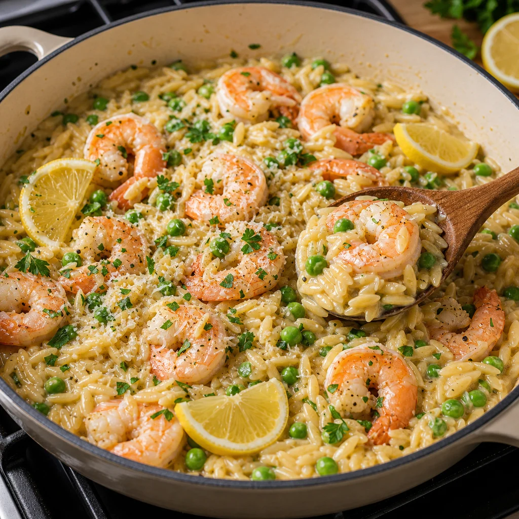 One-Pot Lemon Garlic Prawn and Pea Orzo cooking in the recommended pan or pot