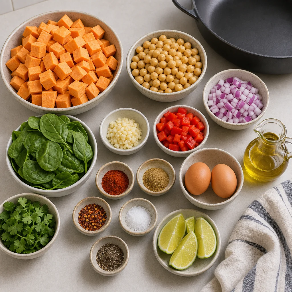 Ingredients for One-Pan Spiced Chickpea and Sweet Potato Hash