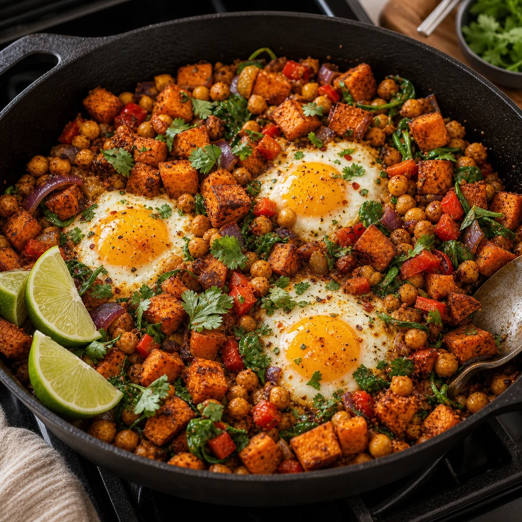 One-Pan Spiced Chickpea and Sweet Potato Hash cooking in the recommended pan or pot