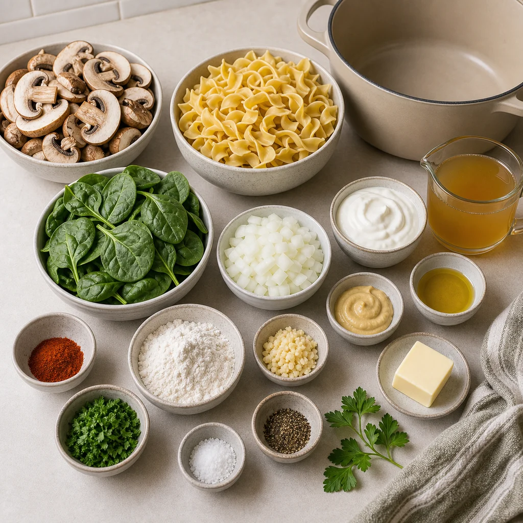 Ingredients for One-Pot Creamy Mushroom and Spinach Stroganoff