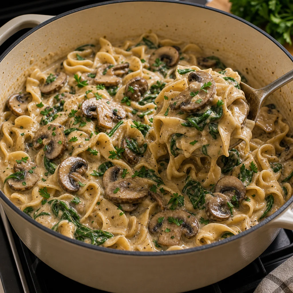 One-Pot Creamy Mushroom and Spinach Stroganoff cooking in the recommended pan or pot