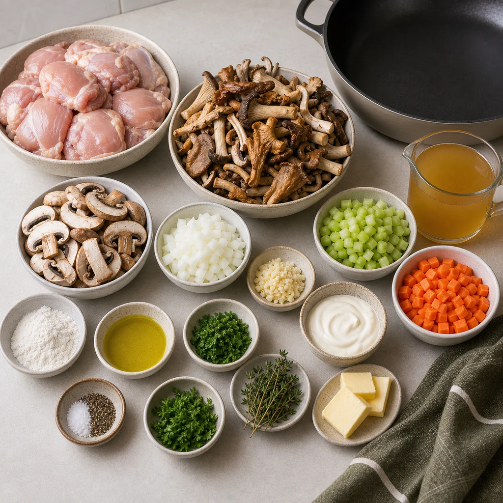 Ingredients for Hearty Skillet Chicken and Wild Mushroom Stew