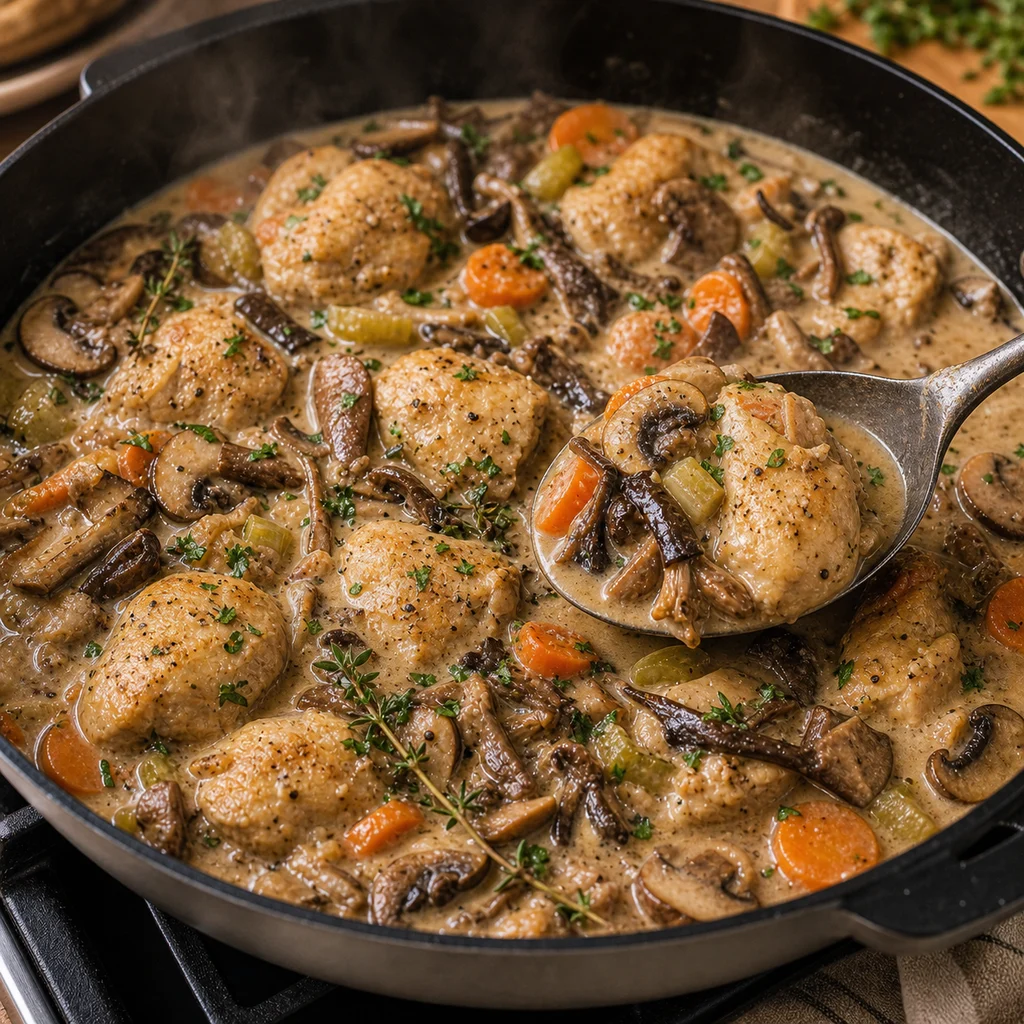Hearty Skillet Chicken and Wild Mushroom Stew cooking in the recommended pan or pot