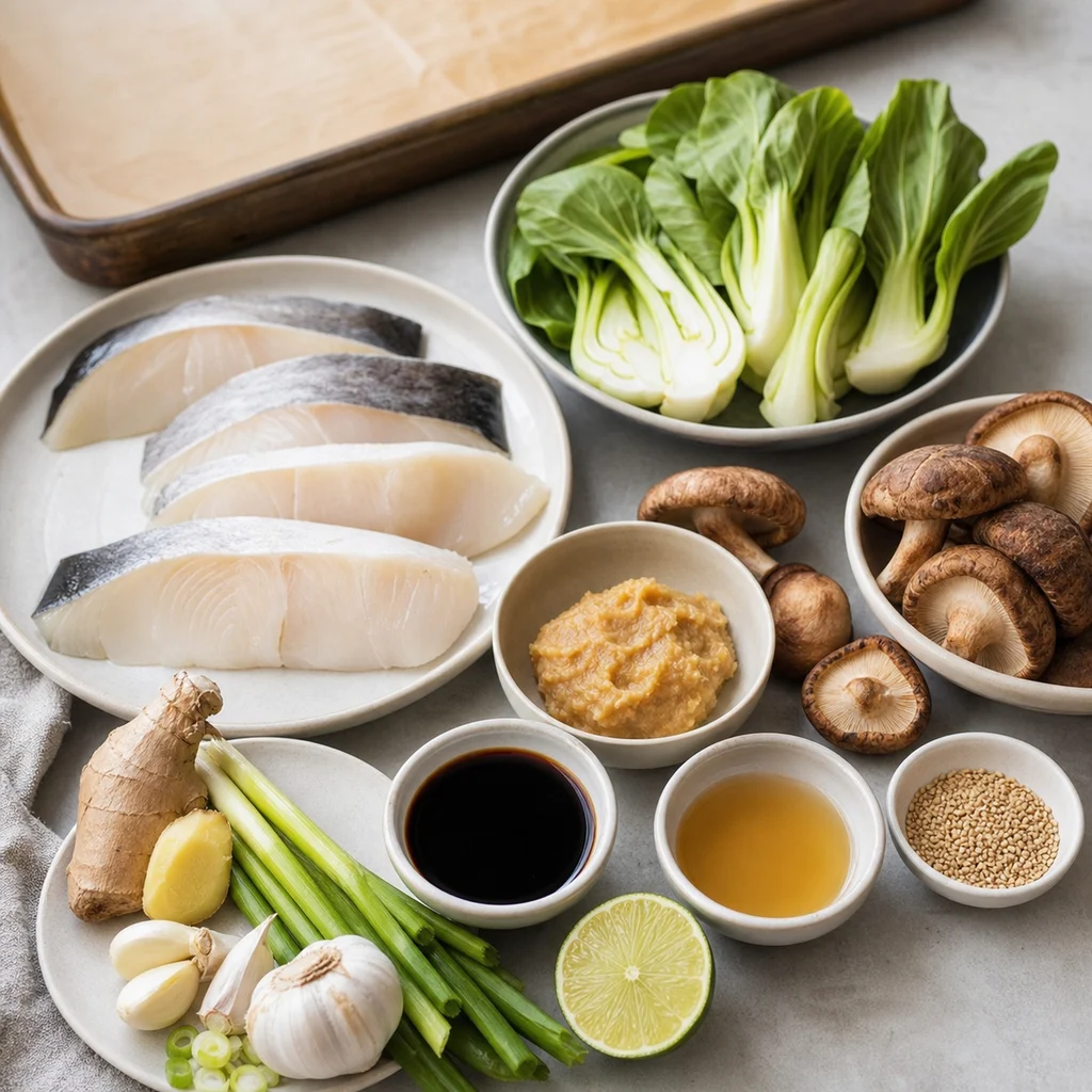 Ingredients for Sheet Pan Miso-Glazed Black Cod with Bok Choy and Shiitake Mushrooms