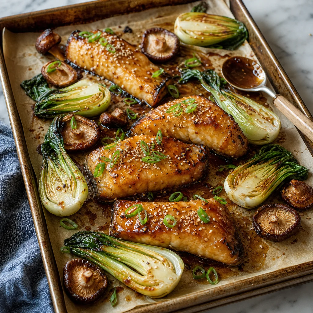 Sheet Pan Miso-Glazed Black Cod with Bok Choy and Shiitake Mushrooms cooking in the recommended pan or pot
