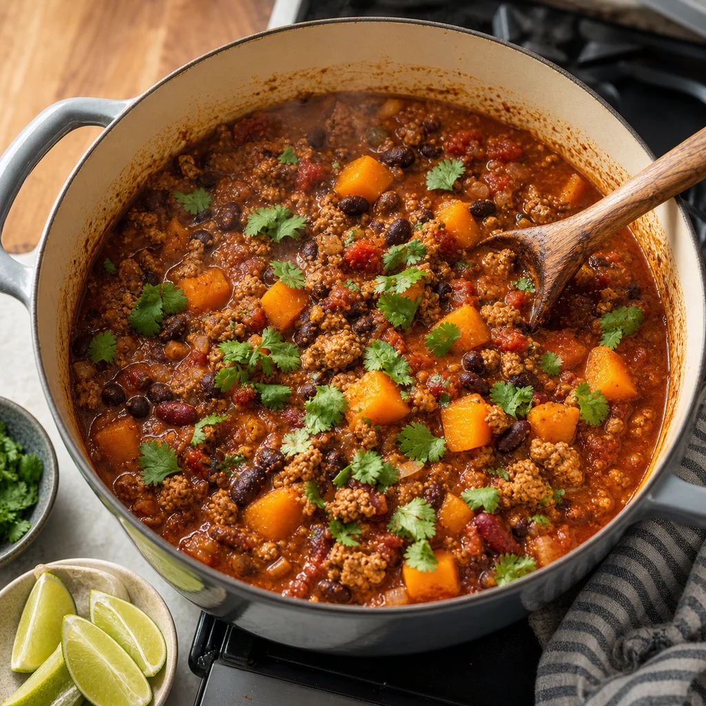 One-Pot Spiced Turkey and Butternut Squash Chili cooking in the recommended pan or pot