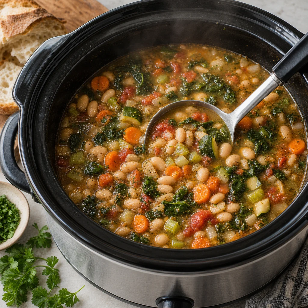 Slow Cooker Rustic White Bean and Vegetable Soup cooking in the recommended pan or pot