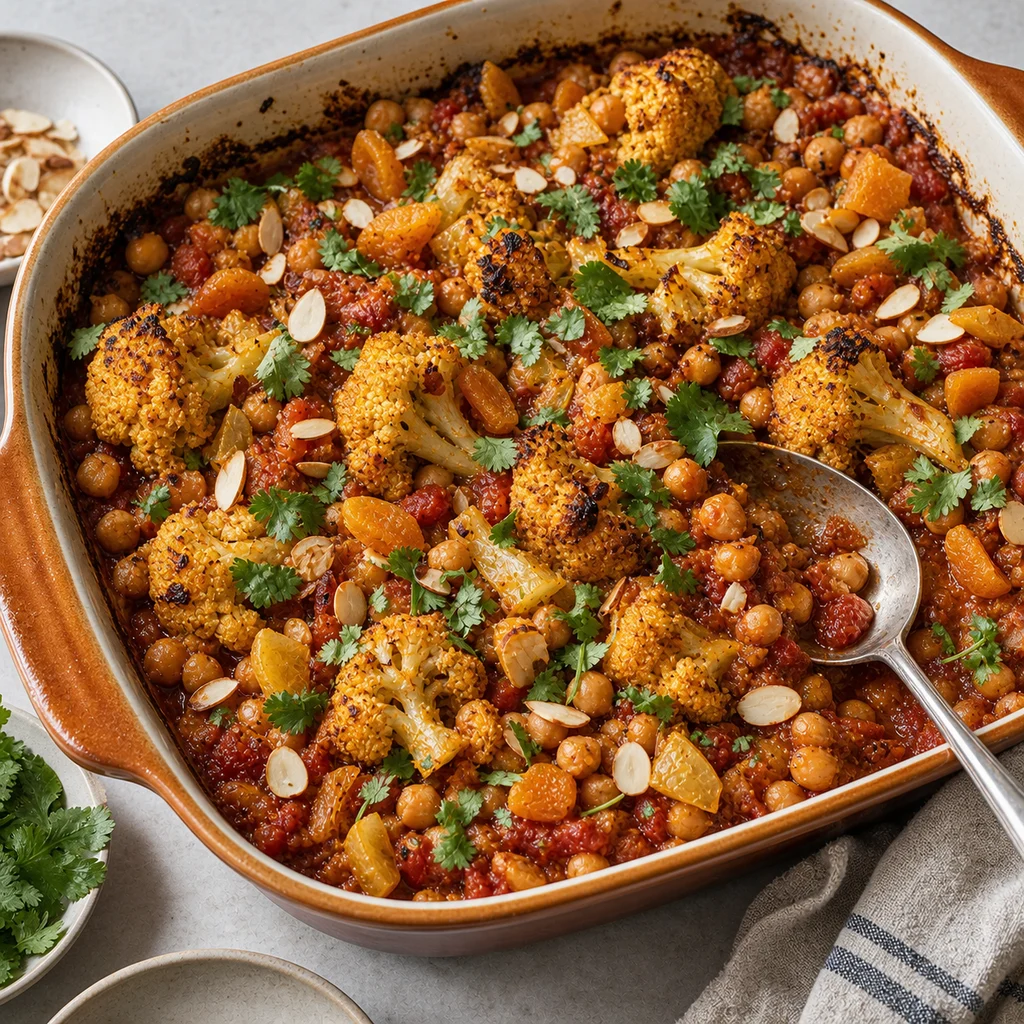 Spiced Moroccan Cauliflower and Chickpea Casserole cooking in the recommended pan or pot