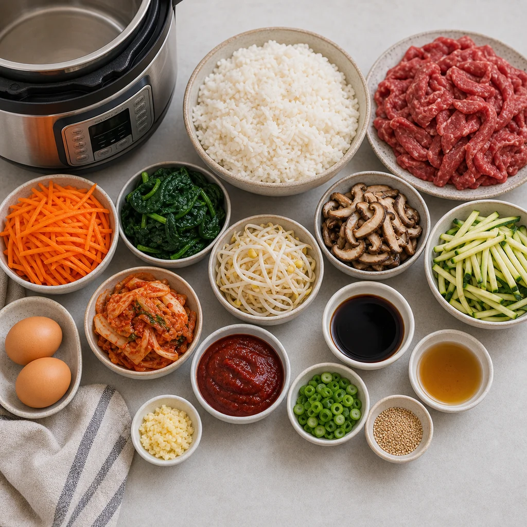 Ingredients for Instant Pot Spicy Korean Beef and Vegetable Bibimbap
