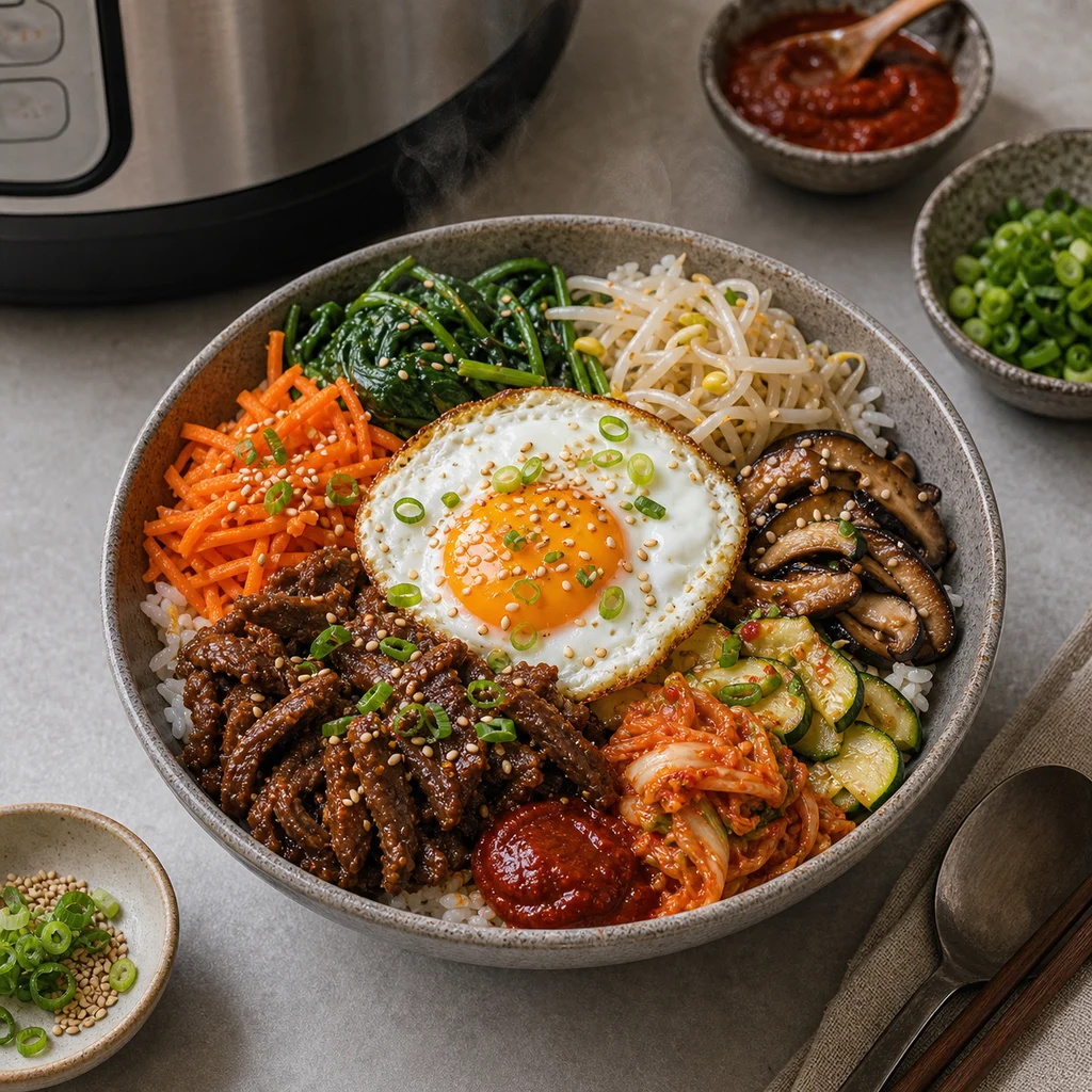 Instant Pot Spicy Korean Beef and Vegetable Bibimbap cooking in the recommended pan or pot