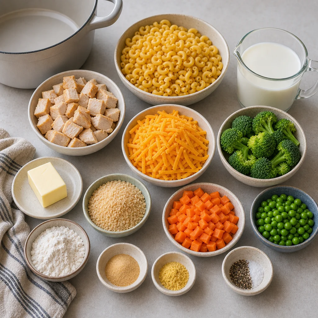 Ingredients for One-Pot Kid-Friendly Chicken and Vegetable Mac and Cheese