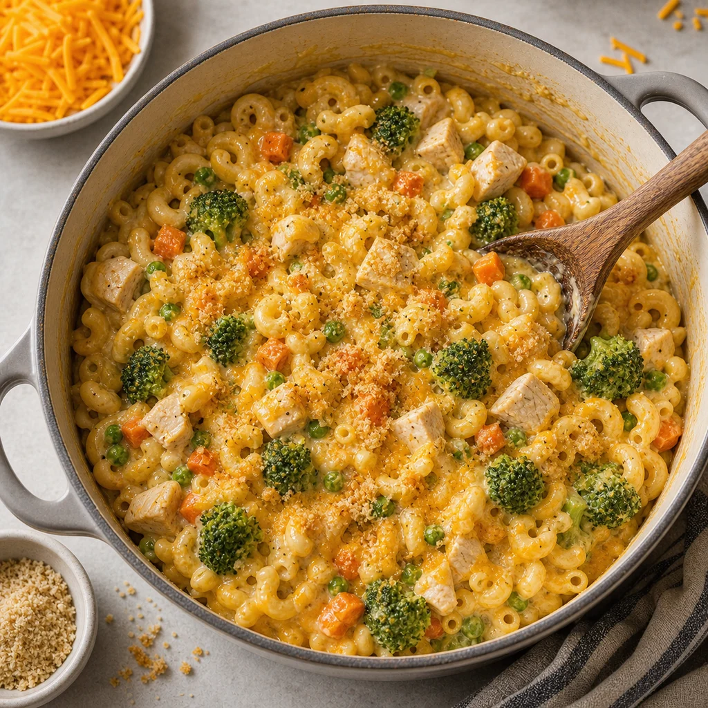 One-Pot Kid-Friendly Chicken and Vegetable Mac and Cheese cooking in the recommended pan or pot