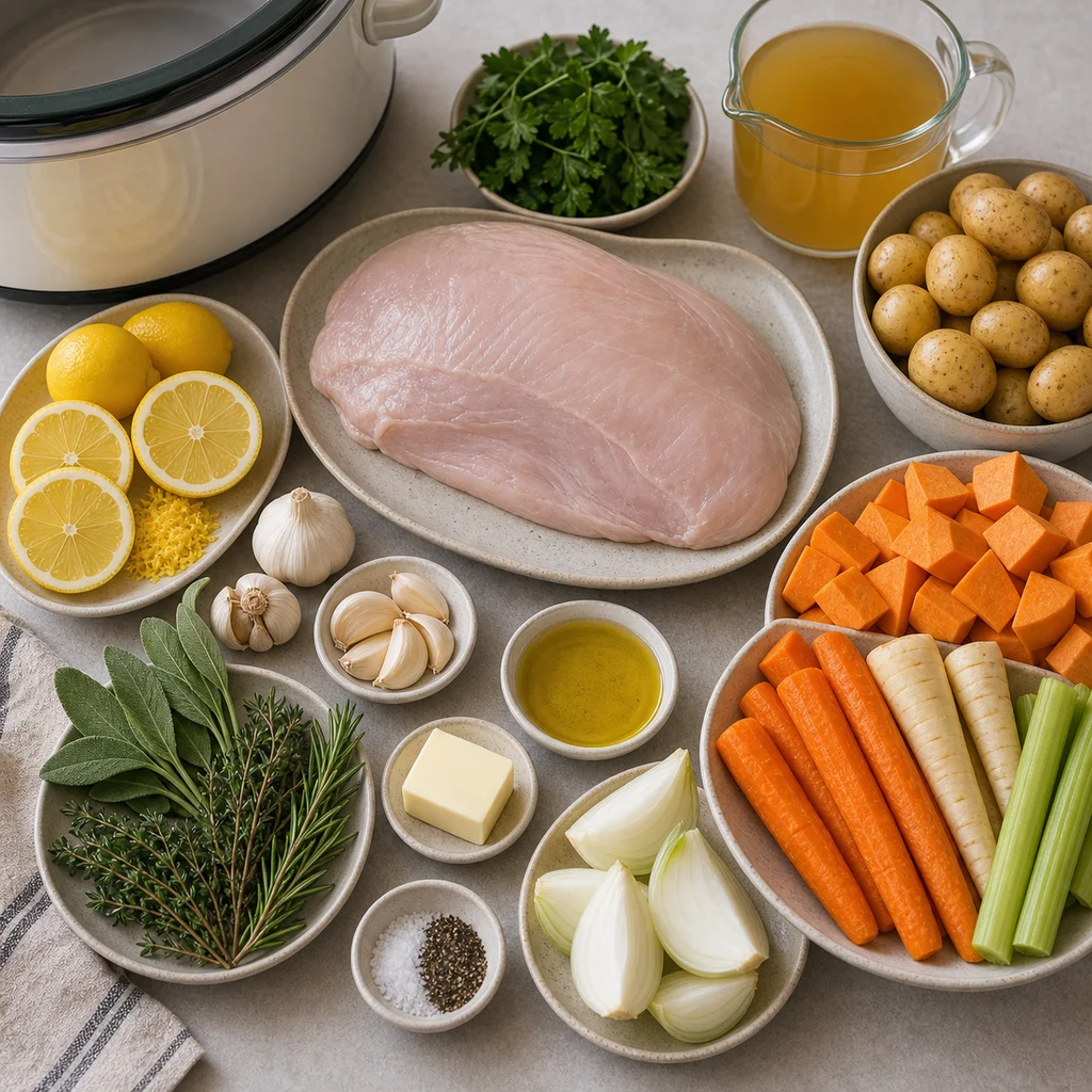Ingredients for Slow Cooker Lemon Herb Turkey Breast with Roasted Root Vegetables