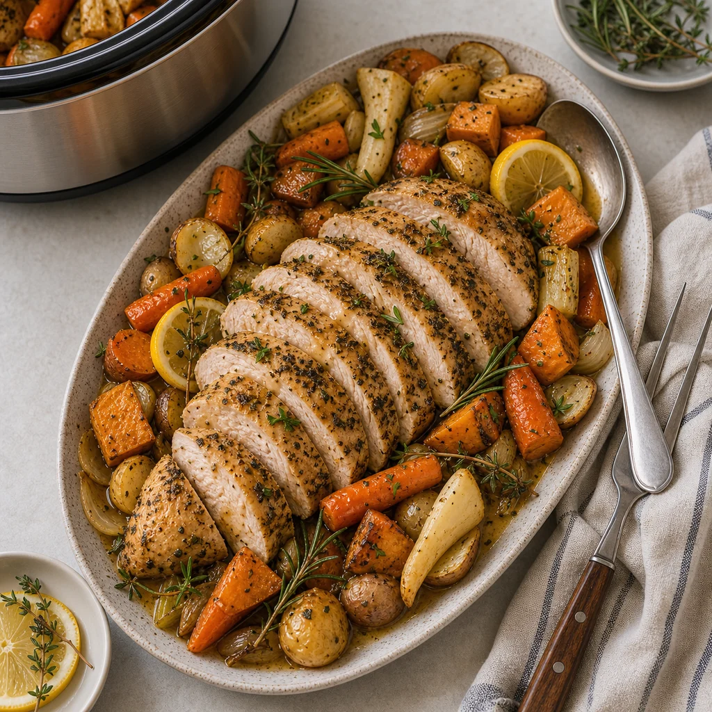 Slow Cooker Lemon Herb Turkey Breast with Roasted Root Vegetables cooking in the recommended pan or pot