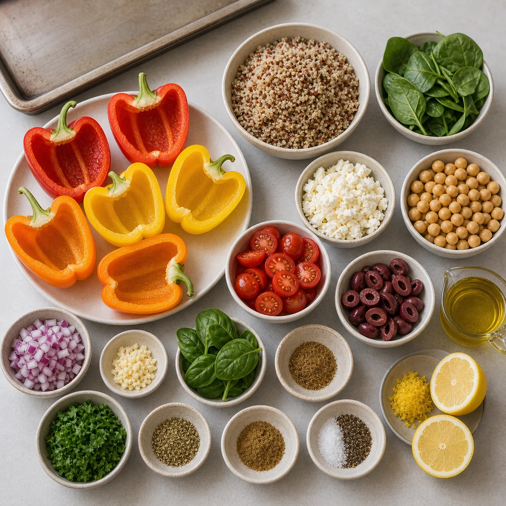 Ingredients for One-Pan Mediterranean Stuffed Bell Peppers with Quinoa and Feta