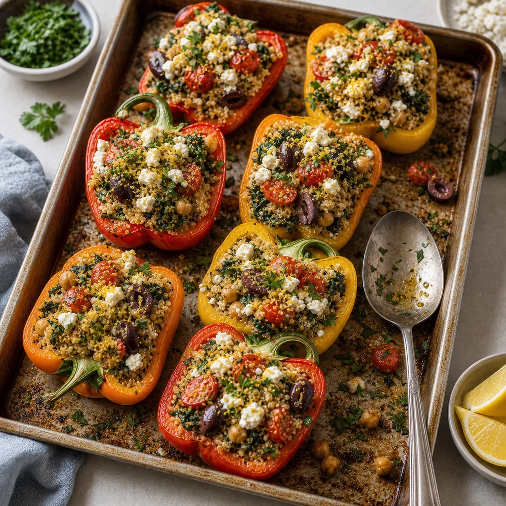One-Pan Mediterranean Stuffed Bell Peppers with Quinoa and Feta cooking in the recommended pan or pot