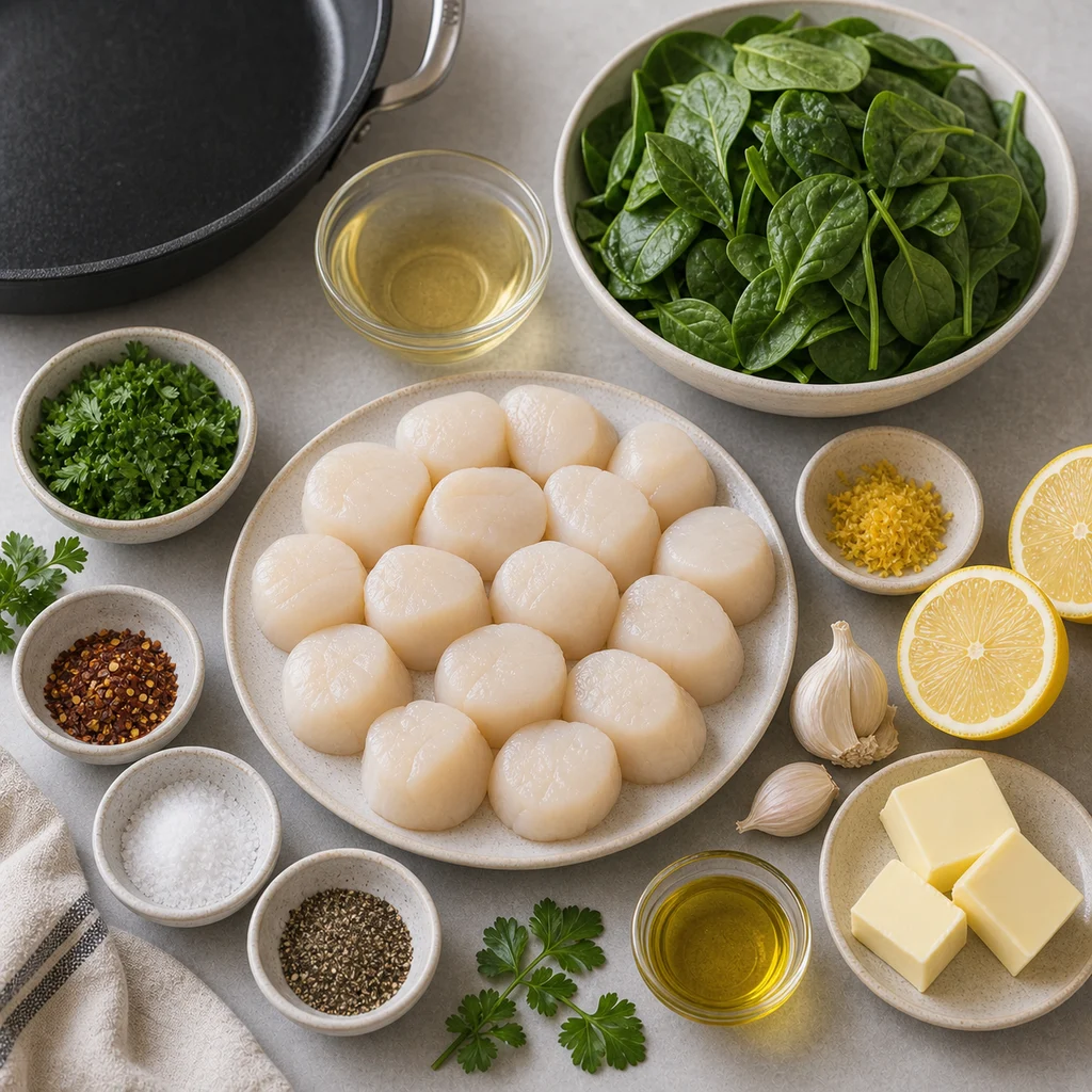 Ingredients for Skillet Seared Scallops with Garlic Butter and Lemon Spinach
