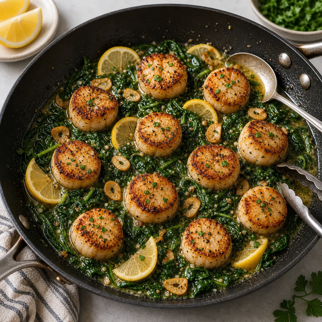 Skillet Seared Scallops with Garlic Butter and Lemon Spinach cooking in the recommended pan or pot