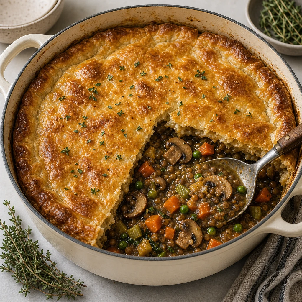 One-Pot Savory Lentil and Mushroom Pot Pie cooking in the recommended pan or pot