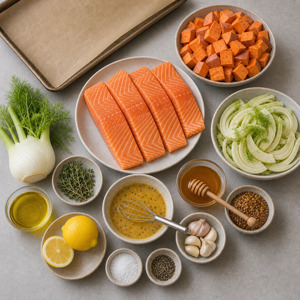 Ingredients for Sheet Pan Honey-Mustard Glazed Salmon with Roasted Fennel and Sweet Potatoes