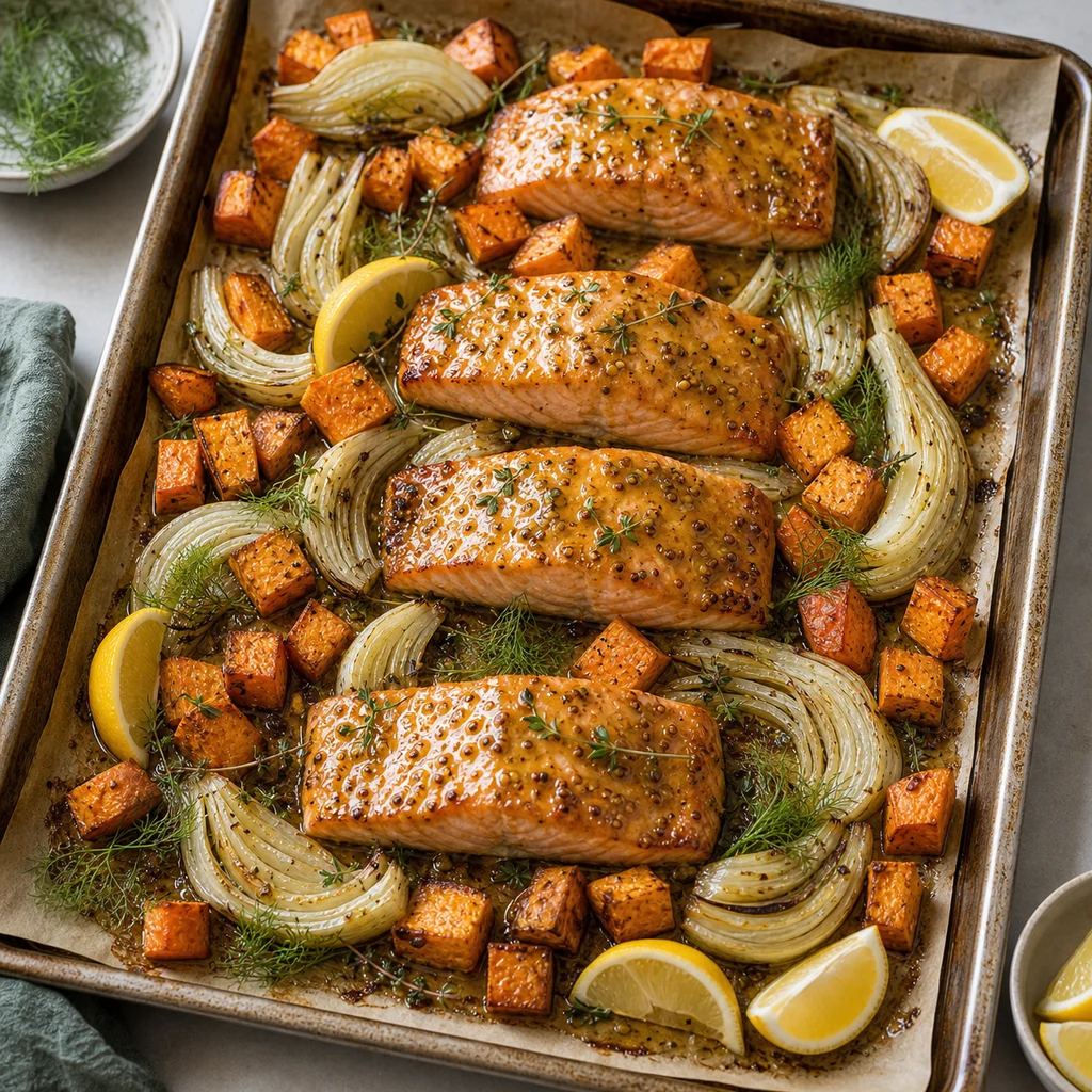 Sheet Pan Honey-Mustard Glazed Salmon with Roasted Fennel and Sweet Potatoes cooking in the recommended pan or pot