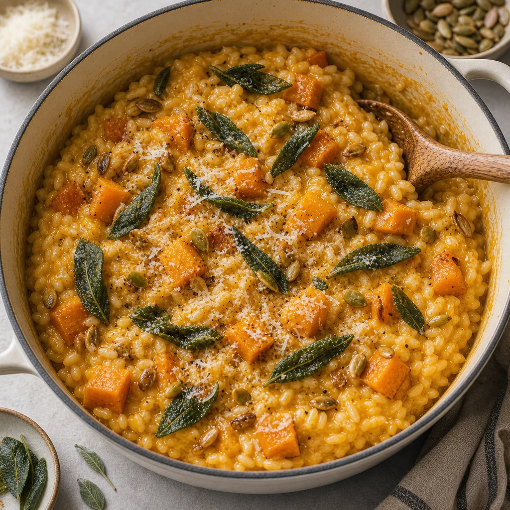 One-Pot Autumn Harvest Pumpkin and Sage Risotto cooking in the recommended pan or pot
