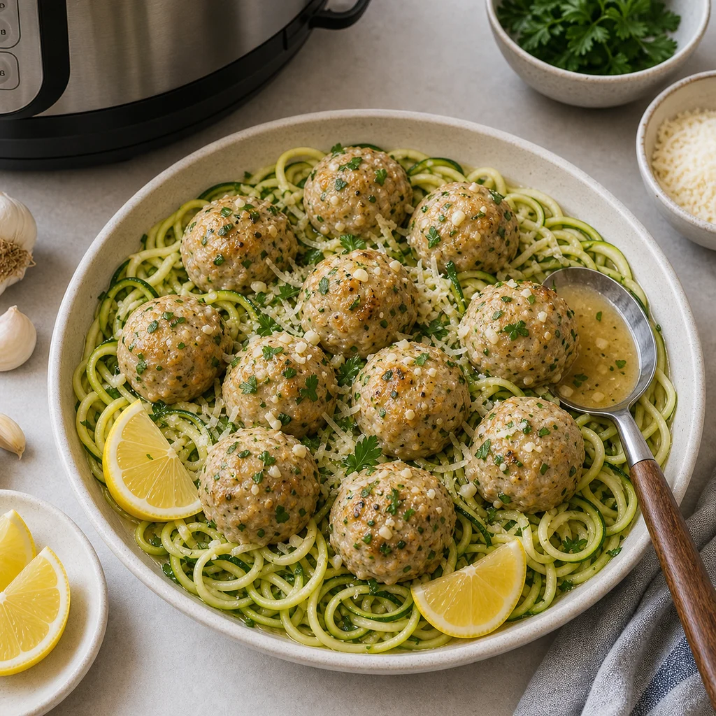 Instant Pot Lemon Garlic Turkey Meatballs with Zucchini Noodles cooking in the recommended pan or pot