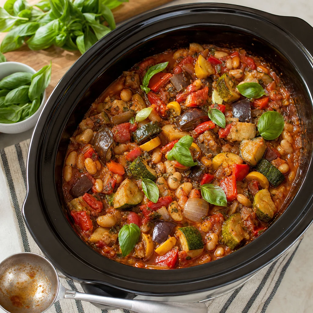 Slow Cooker Rustic Ratatouille with White Beans cooking in the recommended pan or pot