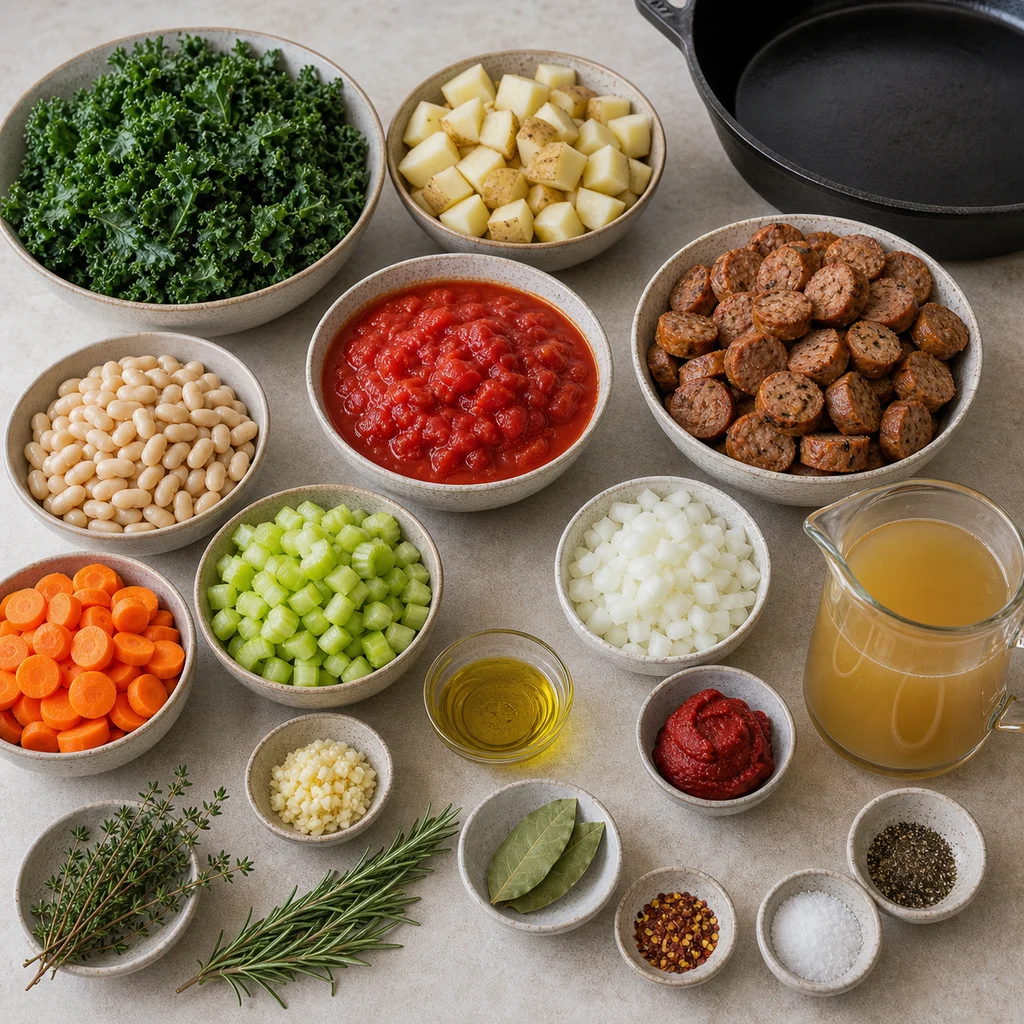 Ingredients for Hearty Skillet Sausage and Kale Stew