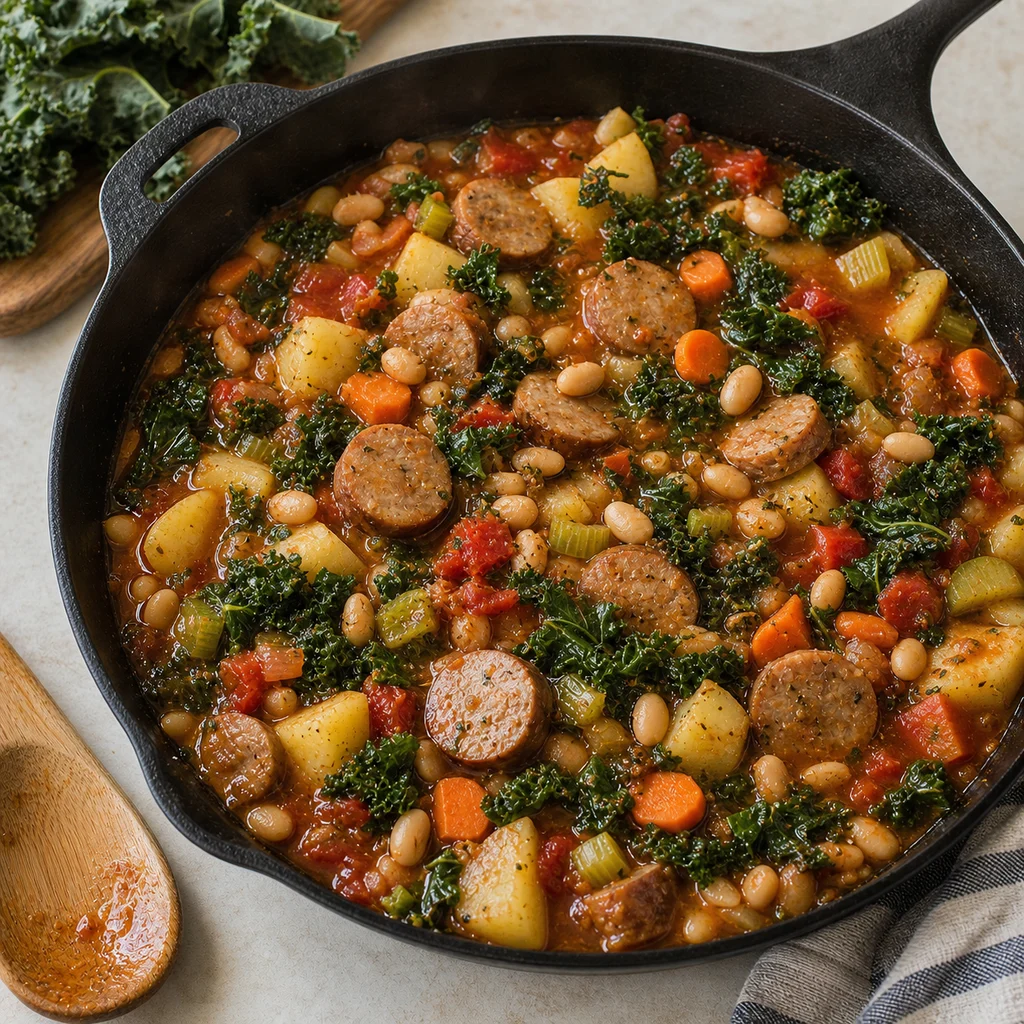 Hearty Skillet Sausage and Kale Stew cooking in the recommended pan or pot