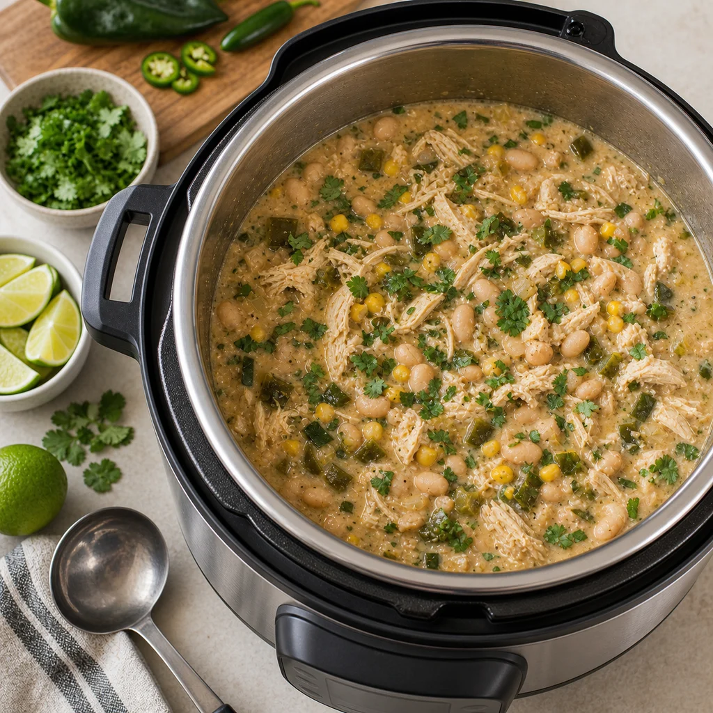 Instant Pot Hearty Chicken and White Bean Chili cooking in the recommended pan or pot