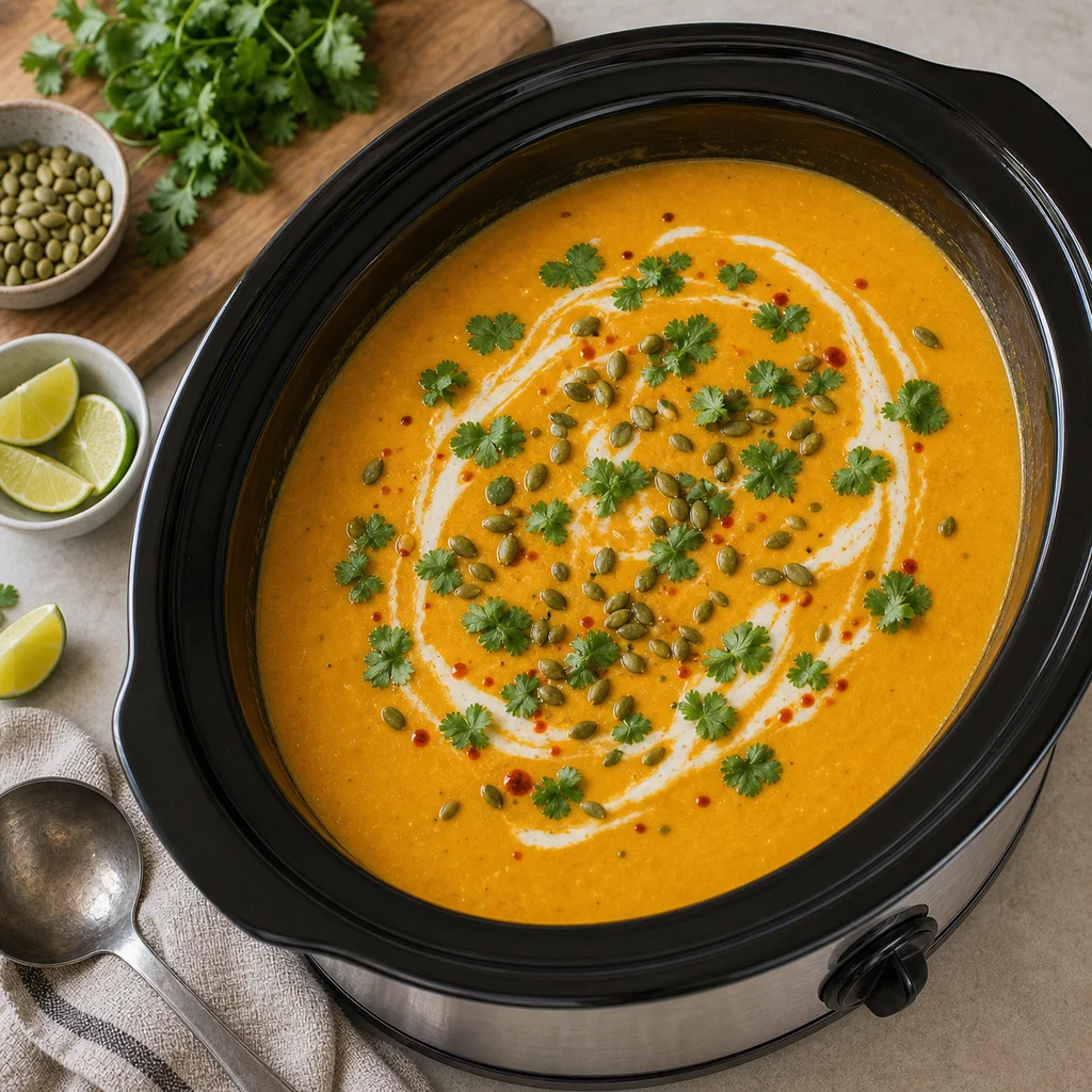 Slow Cooker Coconut Curry Butternut Squash Soup cooking in the recommended pan or pot